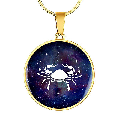 Cancer Zodiac Symbol Circle Pendant Necklace - 12 Zodiac Horoscope Jewelry - Circle Luxury Necklace (Gold Plated)