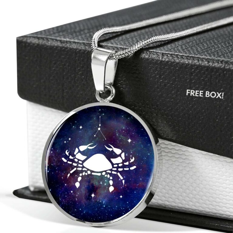 Cancer Zodiac Symbol Circle Pendant Necklace - 12 Zodiac Horoscope Jewelry - Circle Luxury Necklace (Silver)