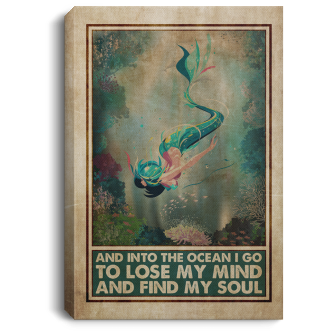 Vintage and into the Ocean I Go to Lose My Mind and Find My Soul Wrapped Framed Canvas Prints - Unframed Poster, White, 0.75'' Framed Canvas