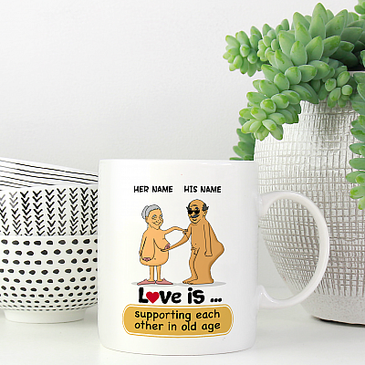 Alternative view of Personalized Love Is Supporting Each Other In Old Age Ceramic Coffee Mug - Water Bottle - Funny Old Couple Mug
