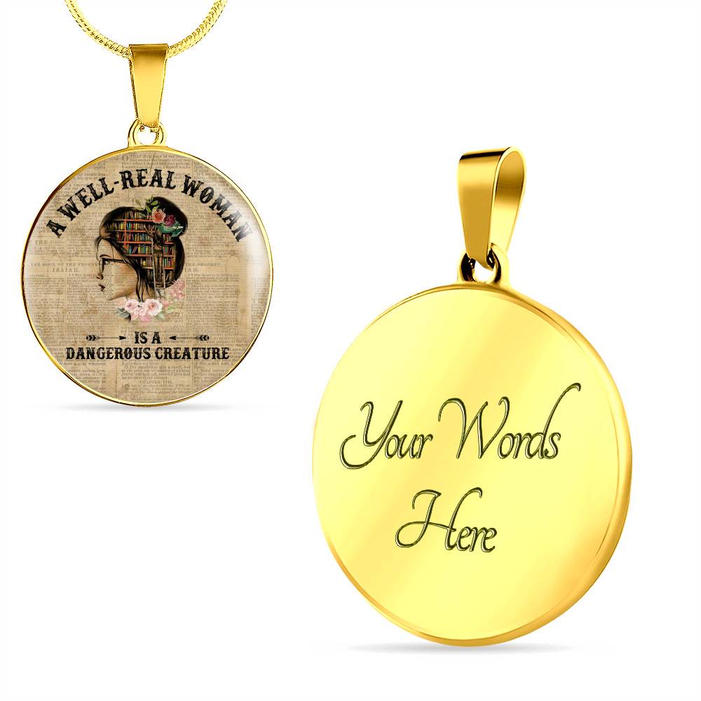 Vintage a Well-Read Woman Is a Dangerous Creature Book Lover Circle Pendant Necklace - Circle Luxury Necklace (Gold Plated) Vintage a Well-Read Woman Is a Dangerous Creature Book Lover Circle Pendant Necklace - Circle Luxury Necklace (Gold Plated)