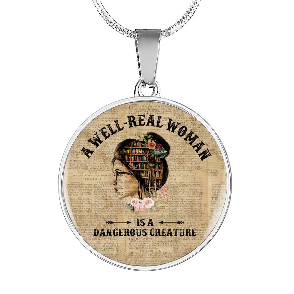 Vintage a Well-Read Woman Is a Dangerous Creature Book Lover Circle Pendant Necklace - Circle Luxury Necklace (Silver) Vintage a Well-Read Woman Is a Dangerous Creature Book Lover Circle Pendant Necklace - Circle Luxury Necklace (Silver)