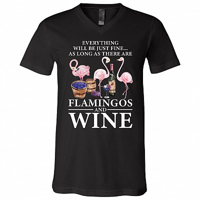 Flamingos And Wine, Black, V-Neck T-Shirt