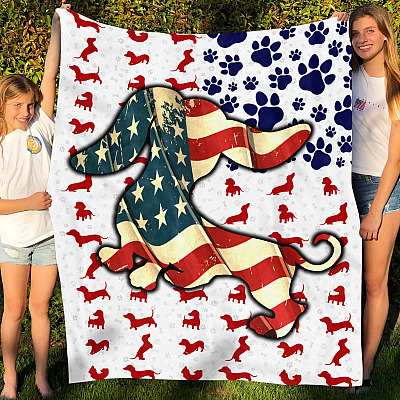 Alternative view of Funny American Flag 4th Of July Dachshund Doxie Blanket - Life Is Better With Dachshund Wiener Dog Blanket