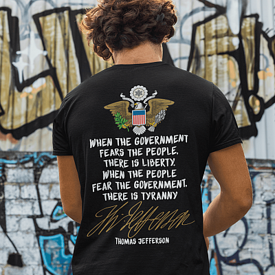 Alternative view of Thomas Jefferson Liberty Tyranny 2nd Second Amendment Rights Patriotic American Print On Back Only T-shirt