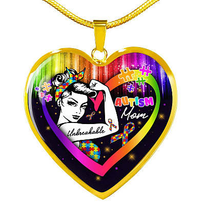 Proud Strong Autism Mom Unbreakable Heart Pendant Necklace – Autism Warrior Mom Pride Heart Necklace - Heart Luxury Necklace (Gold Plated)
