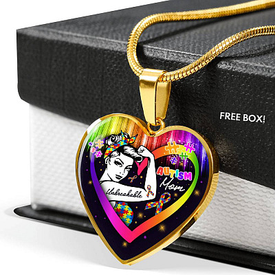Proud Strong Autism Mom Unbreakable Heart Pendant Necklace – Autism Warrior Mom Pride Heart Necklace - Heart Luxury Necklace (Gold Plated)
