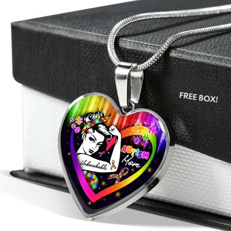 Proud Strong Autism Mom Unbreakable Heart Pendant Necklace – Autism Warrior Mom Pride Heart Necklace - Heart Luxury Necklace (Silver)