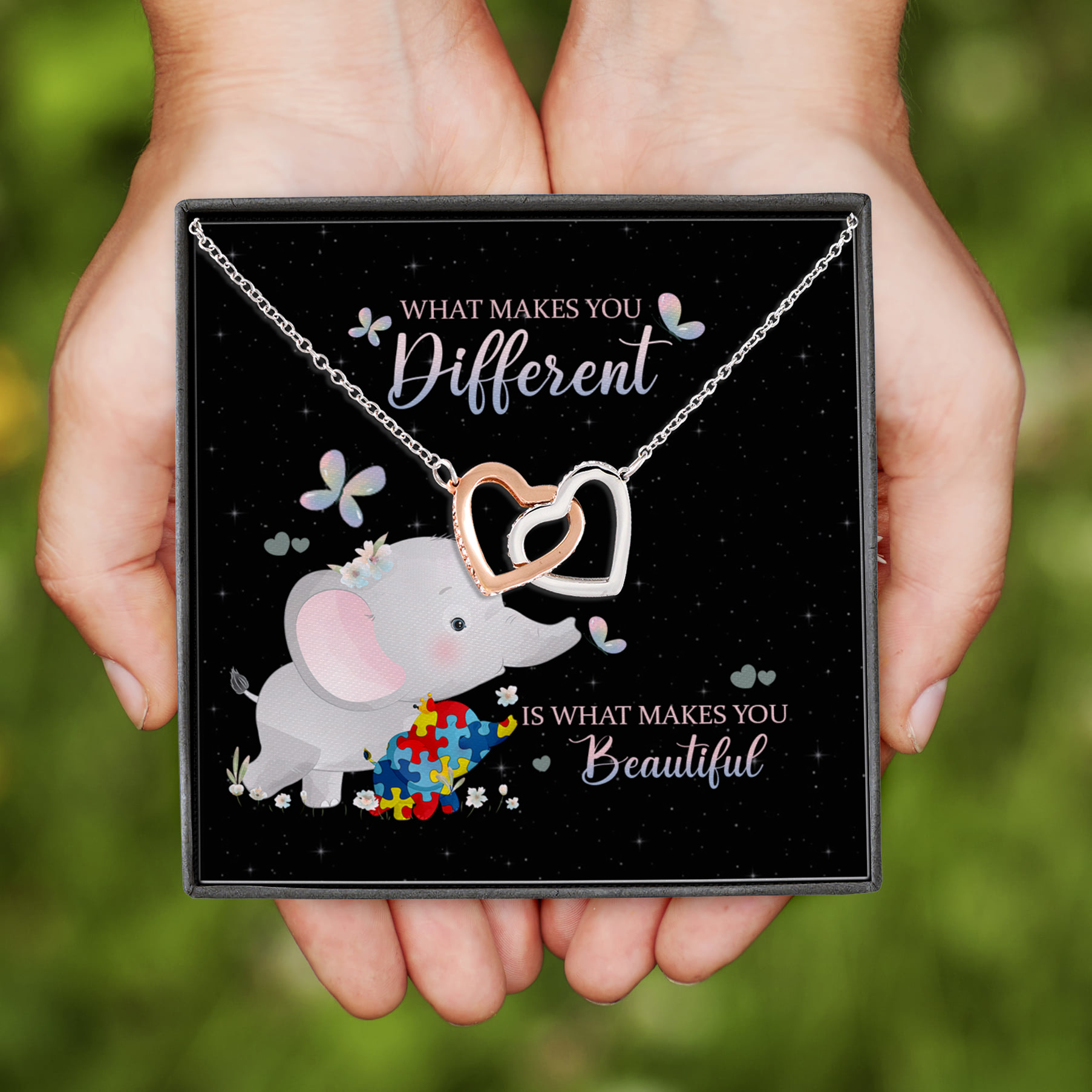 7NH. Makes You Different (message card) Interlocking Hearts Necklace