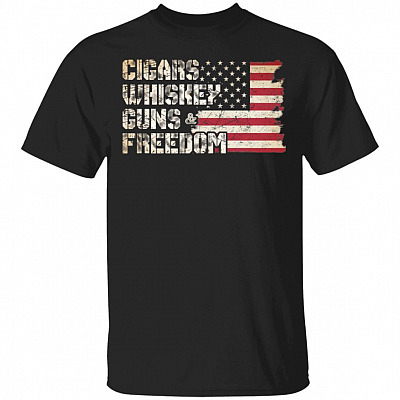 Cigar Whiskey Guns and Freedom American Flag T-Shirt - US Flag Patriotic Shirt, Black, Unisex T-Shirt