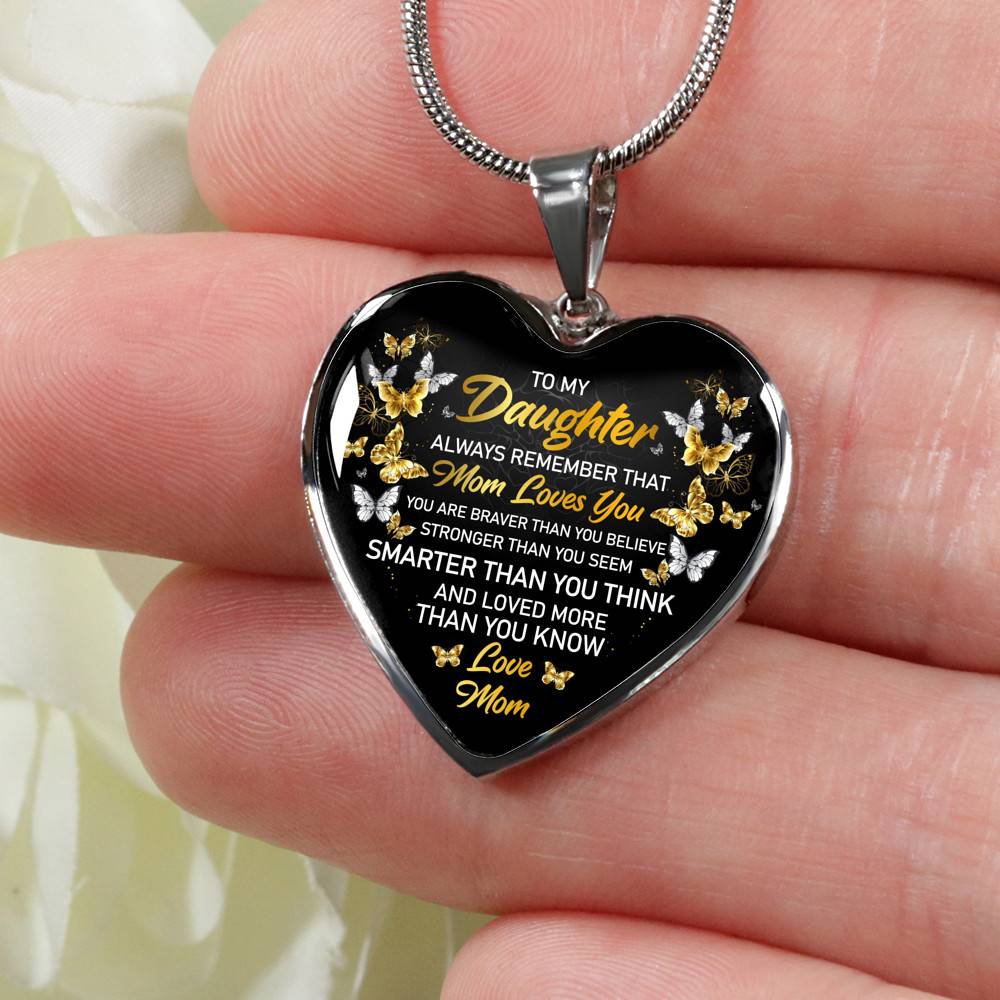 Mom to My Daughter Always Remember that Mom Loves You You Are Braver Than You Believe Heart Pendant Necklace - Heart Luxury Necklace (Silver)