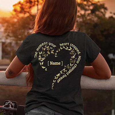 Alternative view of Personalized The Moment Your Heart Stopped Mine Changed Forever Butterfly Memorial Print On Back T-Shirt-V-Neck