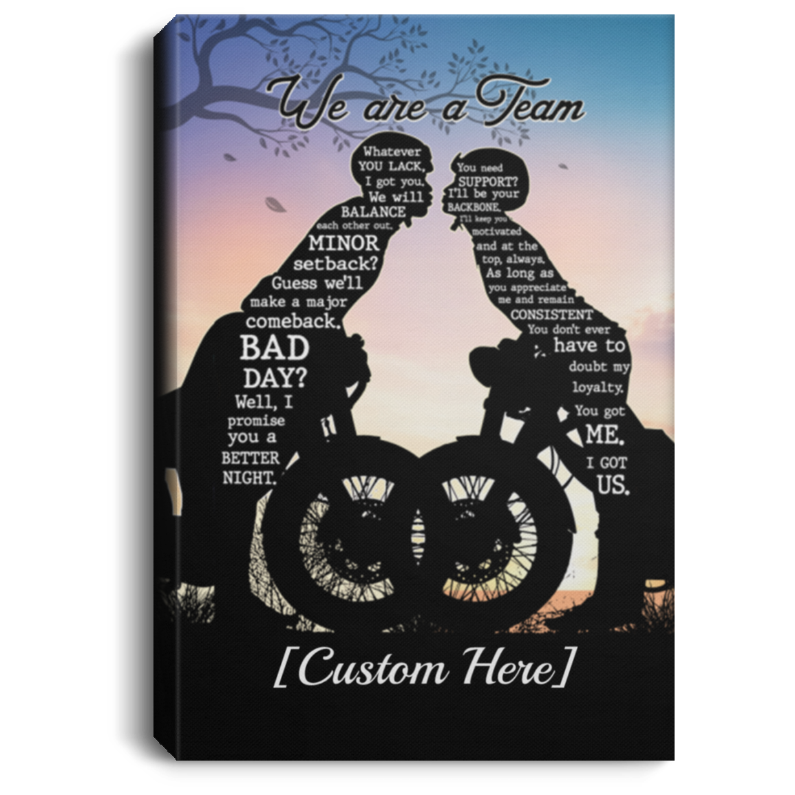 Personalized Kissing Motorcycle Couple We're A Team Gallery Wrapped Framed Canvas Prints - Unframed Poster, White, 0.75'' Framed Canvas Personalized Kissing Motorcycle Couple We're A Team Gallery Wrapped Framed Canvas Prints - Unframed Poster, White, 0.75'' Framed Canvas