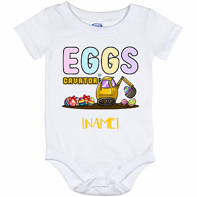 Personalized Eggs-Cavator, White, Baby Onesie - 12 Month