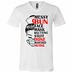 Messy Bun Face Mask And, White, V-Neck T-Shirt