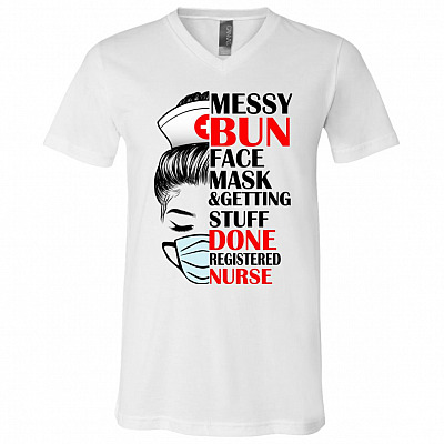 Messy Bun Face Mask And, White, V-Neck T-Shirt