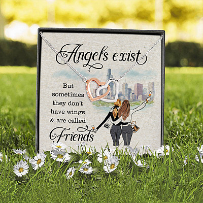 Angels Exist and Sometimes They Don't Have Wings and Called Friends - Two Friends Interlocking Hearts Pendant Necklace