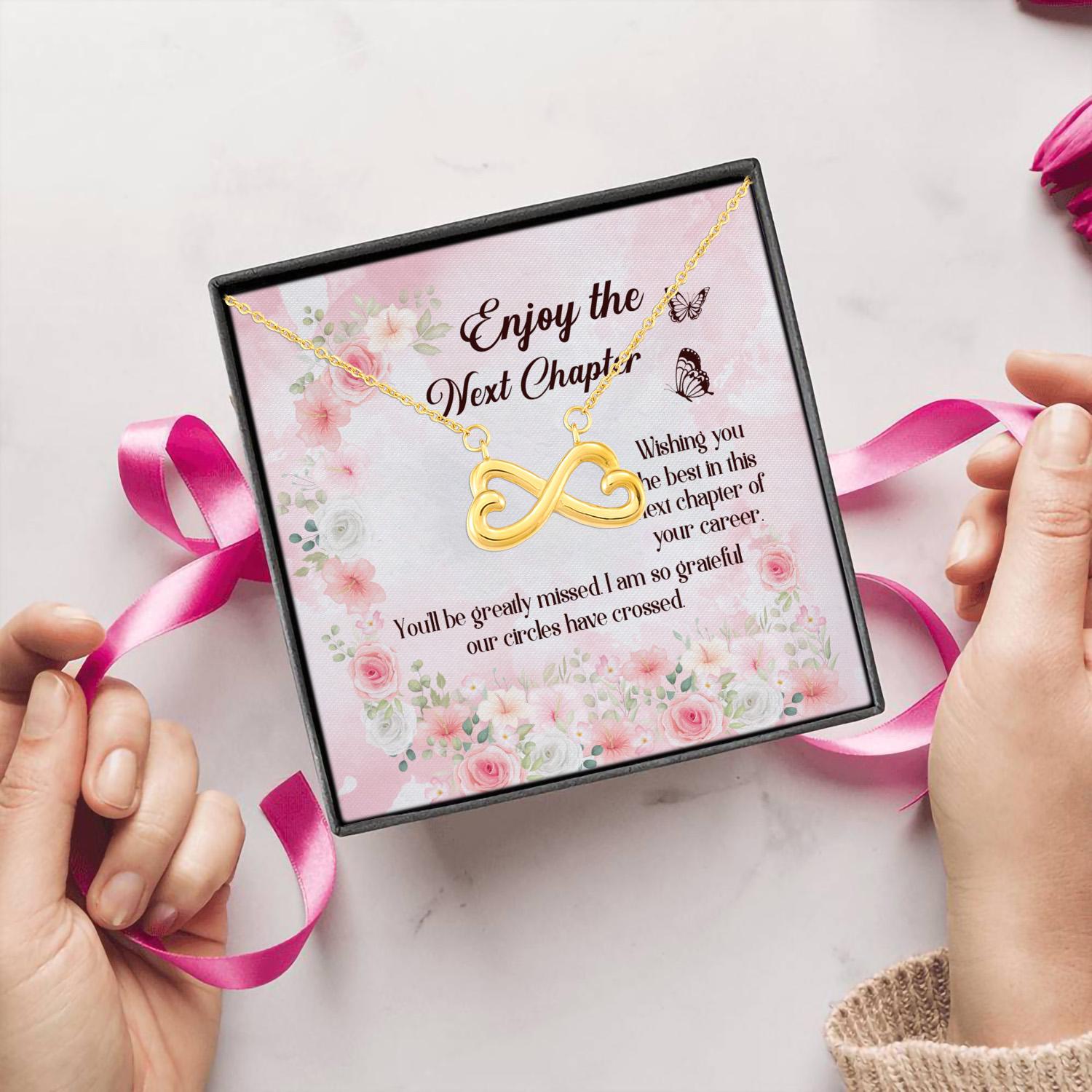 8Th. Enjoy The Next Chapter Retirement card (5) Infinity Heart Necklace (Gold) 5