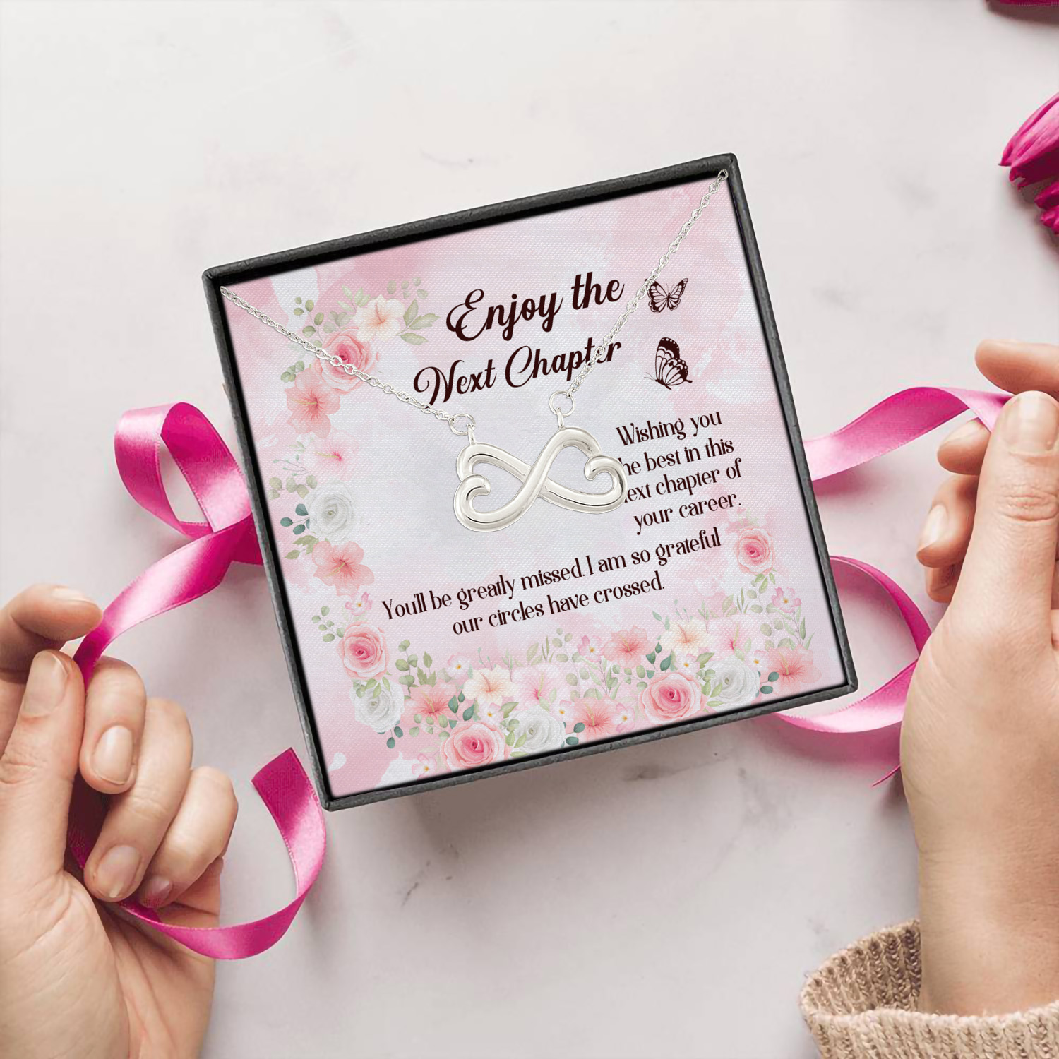 8Th. Enjoy The Next Chapter Retirement card (5) Infinity Heart Necklace (Silver) 5