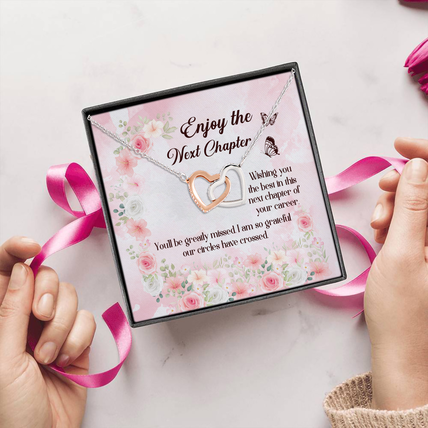 8Th. Enjoy The Next Chapter Retirement card (5) Interlocking Hearts Necklace 5