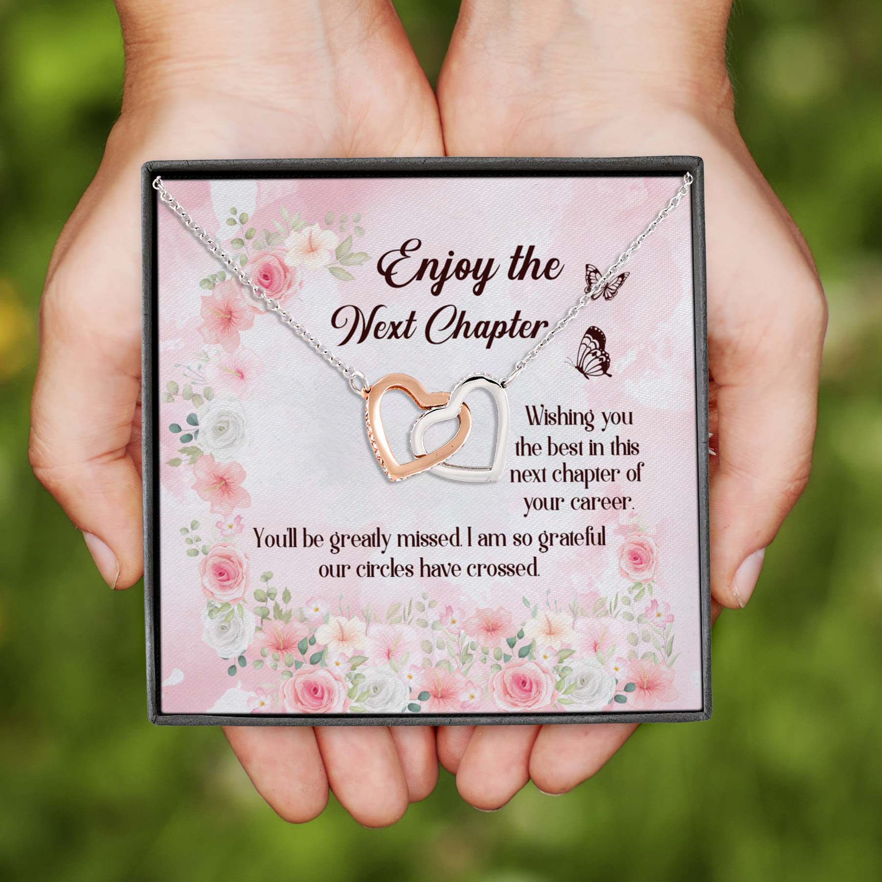 8Th. Enjoy The Next Chapter Retirement card (5) Interlocking Hearts Necklace
