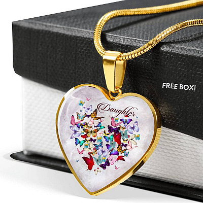 Colorful Butterfly Daughter Heart Pendant Necklace - Daughter Gift Necklace - Heart Luxury Necklace (Gold Plated)