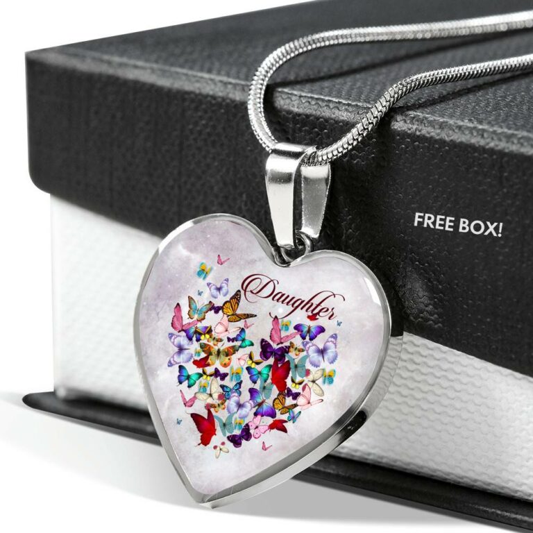 Colorful Butterfly Daughter Heart Pendant Necklace - Daughter Gift Necklace - Heart Luxury Necklace (Silver)