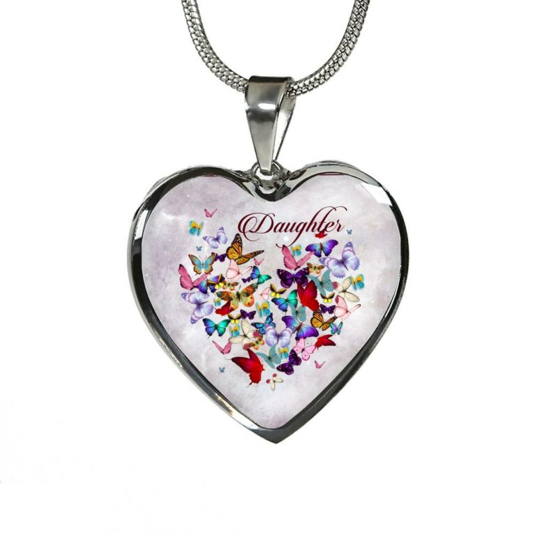 Colorful Butterfly Daughter Heart Pendant Necklace - Daughter Gift Necklace - Heart Luxury Necklace (Silver)
