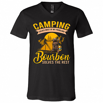 Bear Camping Solves Most, Black, V-Neck T-Shirt