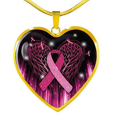 Breast Cancer Awareness Ribbon with Angel Wings Heart Pendant Necklace - Breast Cancer Survivor Pendant Necklace - Heart Luxury Necklace (Gold Plated)