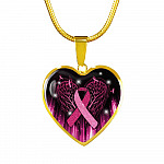Breast Cancer Awareness Ribbon with Angel Wings Heart Pendant Necklace - Breast Cancer Survivor Pendant Necklace - Heart Luxury Necklace (Gold Plated)