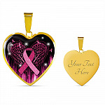 Breast Cancer Awareness Ribbon with Angel Wings Heart Pendant Necklace - Breast Cancer Survivor Pendant Necklace - Heart Luxury Necklace (Gold Plated)