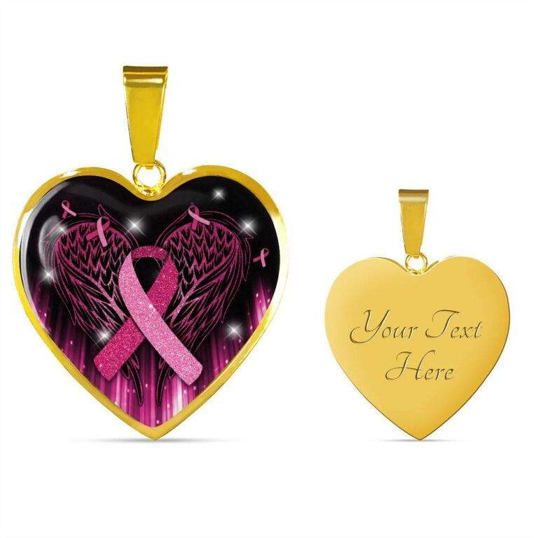 Breast Cancer Awareness Ribbon with Angel Wings Heart Pendant Necklace - Breast Cancer Survivor Pendant Necklace - Heart Luxury Necklace (Gold Plated)