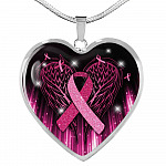 Breast Cancer Awareness Ribbon with Angel Wings Heart Pendant Necklace - Breast Cancer Survivor Pendant Necklace - Heart Luxury Necklace (Silver)