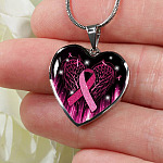 Breast Cancer Awareness Ribbon with Angel Wings Heart Pendant Necklace - Breast Cancer Survivor Pendant Necklace - Heart Luxury Necklace (Silver)