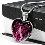 Breast Cancer Awareness Ribbon with Angel Wings Heart Pendant Necklace - Breast Cancer Survivor Pendant Necklace - Heart Luxury Necklace (Silver)