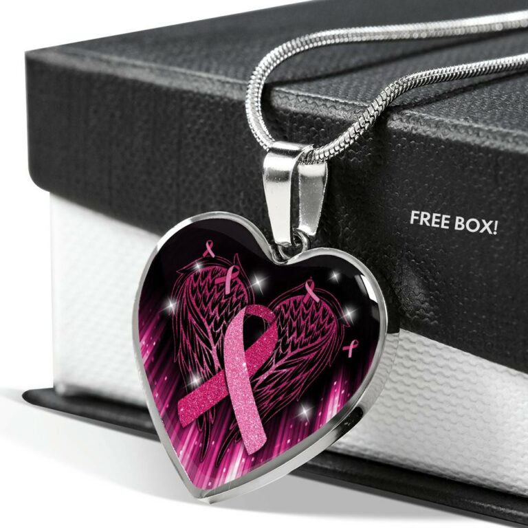 Breast Cancer Awareness Ribbon with Angel Wings Heart Pendant Necklace - Breast Cancer Survivor Pendant Necklace - Heart Luxury Necklace (Silver)
