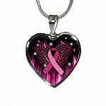 Breast Cancer Awareness Ribbon with Angel Wings Heart Pendant Necklace - Breast Cancer Survivor Pendant Necklace - Heart Luxury Necklace (Silver)