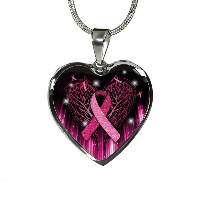 Breast Cancer Awareness Ribbon with Angel Wings Heart Pendant Necklace - Breast Cancer Survivor Pendant Necklace - Heart Luxury Necklace (Silver)