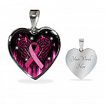 Breast Cancer Awareness Ribbon with Angel Wings Heart Pendant Necklace - Breast Cancer Survivor Pendant Necklace - Heart Luxury Necklace (Silver)