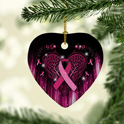 Breast Cancer Awareness Ribbon with Angel Wings Heart Ornament Keepsake