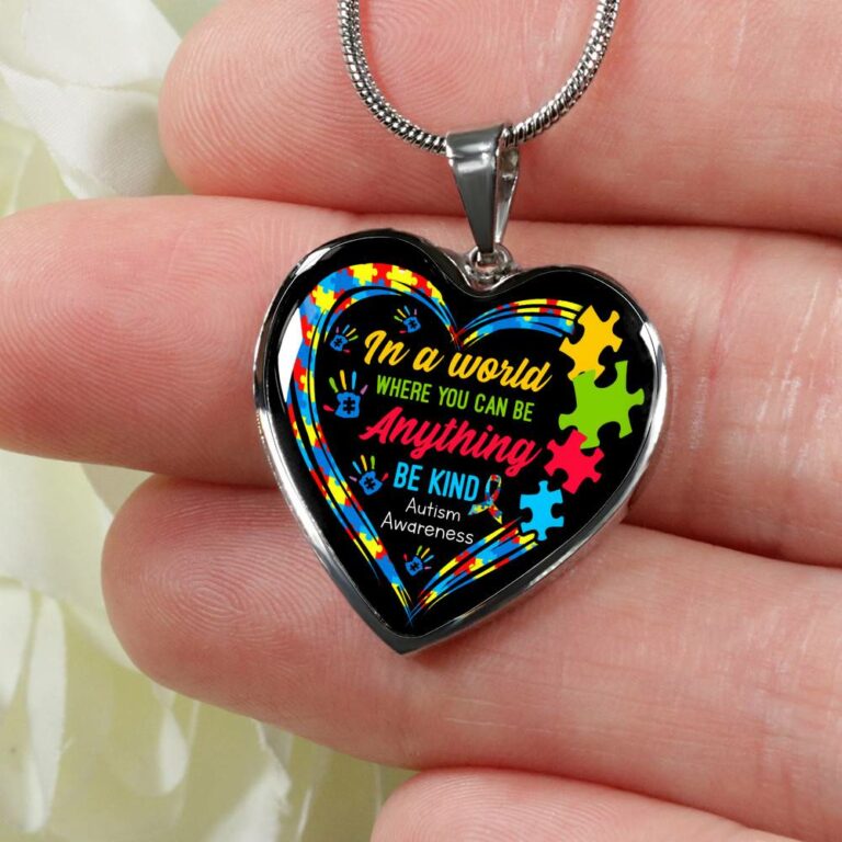 In A World Where You Can Be Anything Be Kind Autism Awareness Heart Pendant Necklace - Heart Luxury Necklace (Silver)