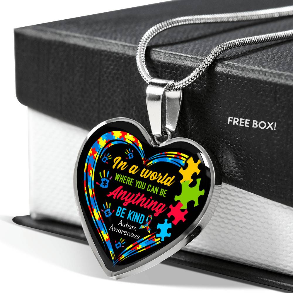 In A World Where You Can Be Anything Be Kind Autism Awareness Heart Pendant Necklace - Heart Luxury Necklace (Silver) In A World Where You Can Be Anything Be Kind Autism Awareness Heart Pendant Necklace - Heart Luxury Necklace (Silver)