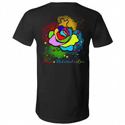 Autism Rose Accept Understand Love Print On Back Only T-Shirt - V-Neck Shirt, Black, V-Neck T-Shirt