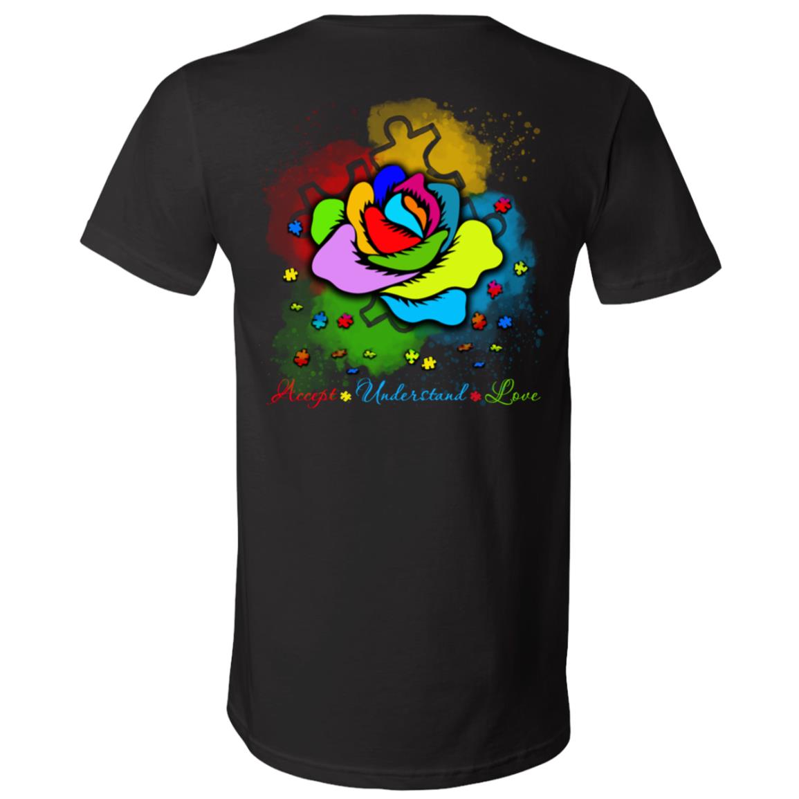 Autism Rose Accept Understand Love Print On Back Only T-Shirt - V-Neck Shirt, Black, V-Neck T-Shirt