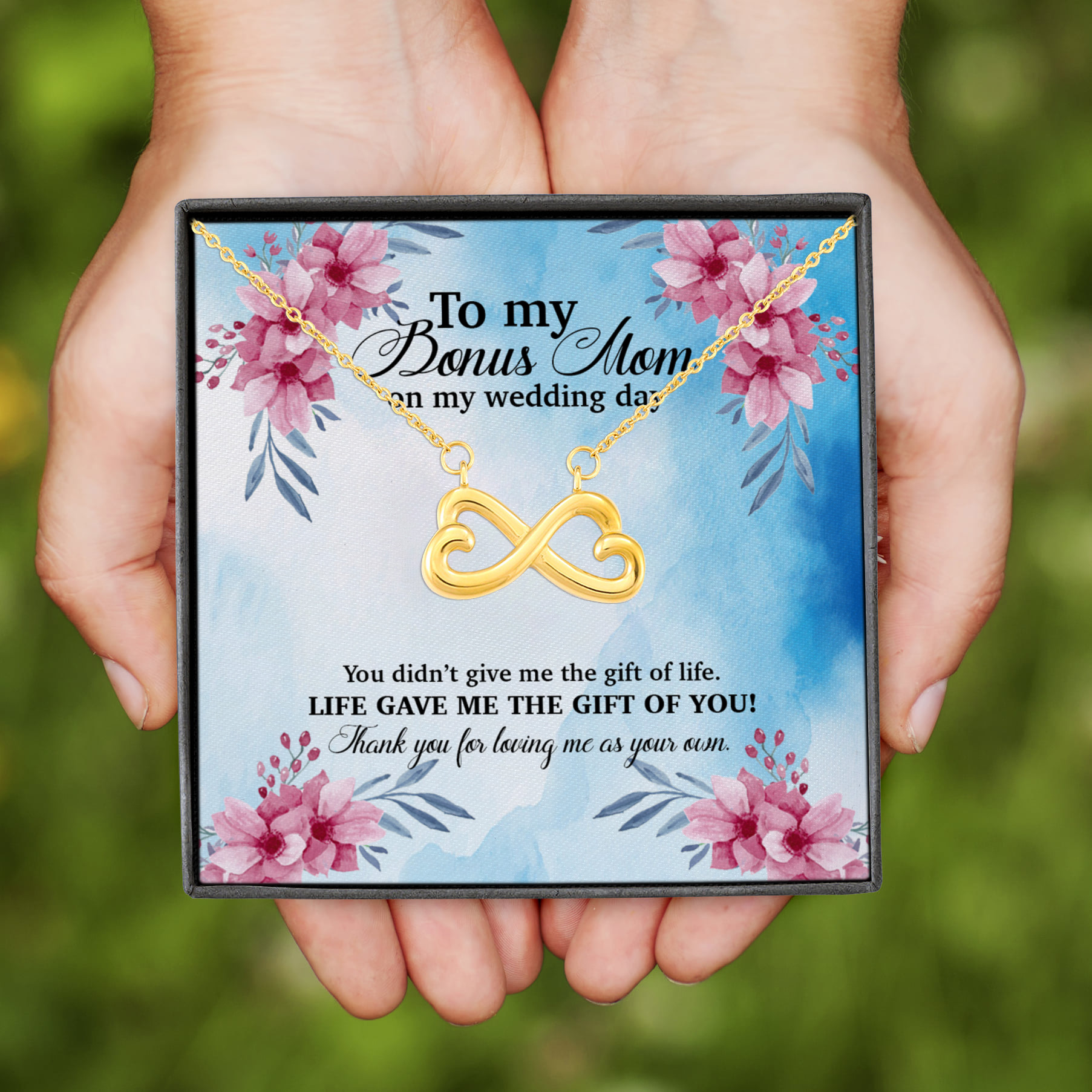 10VT. To My Bonus Mom On Wedding Day Infinity Heart Necklace (Gold)