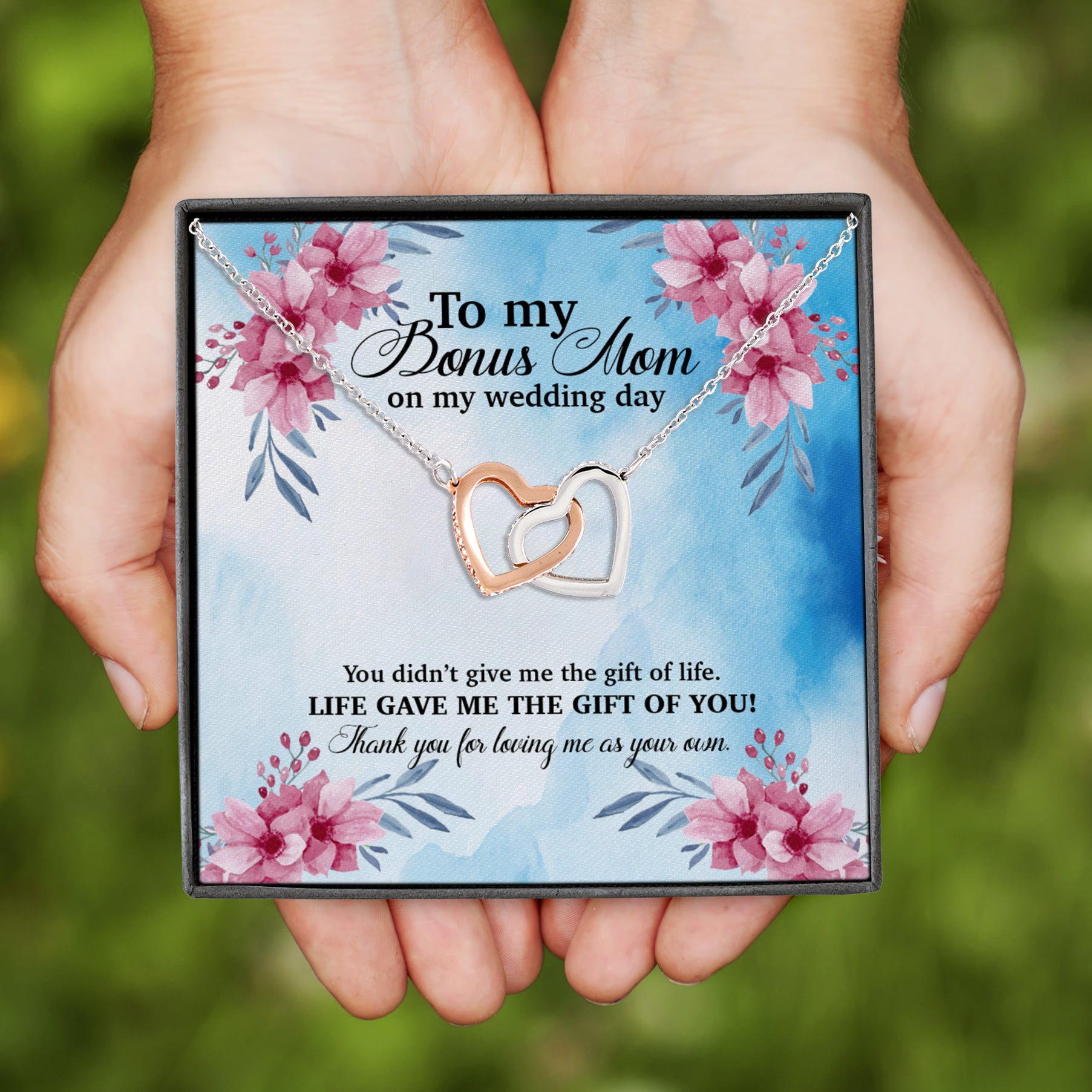 10VT. To My Bonus Mom On Wedding Day Interlocking Hearts Necklace