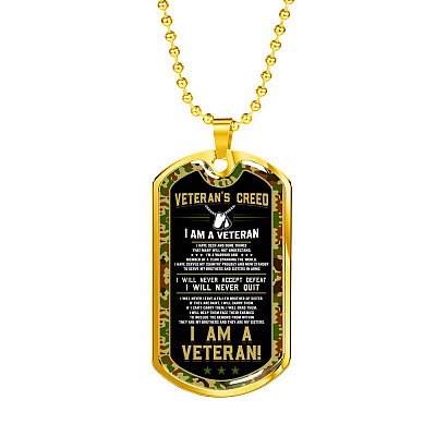 Veteran's Creed I'm A Veteran Camo Dog Tag Pendant Necklace - Veteran Necklace Gift - Dog Tag (Gold Plated)