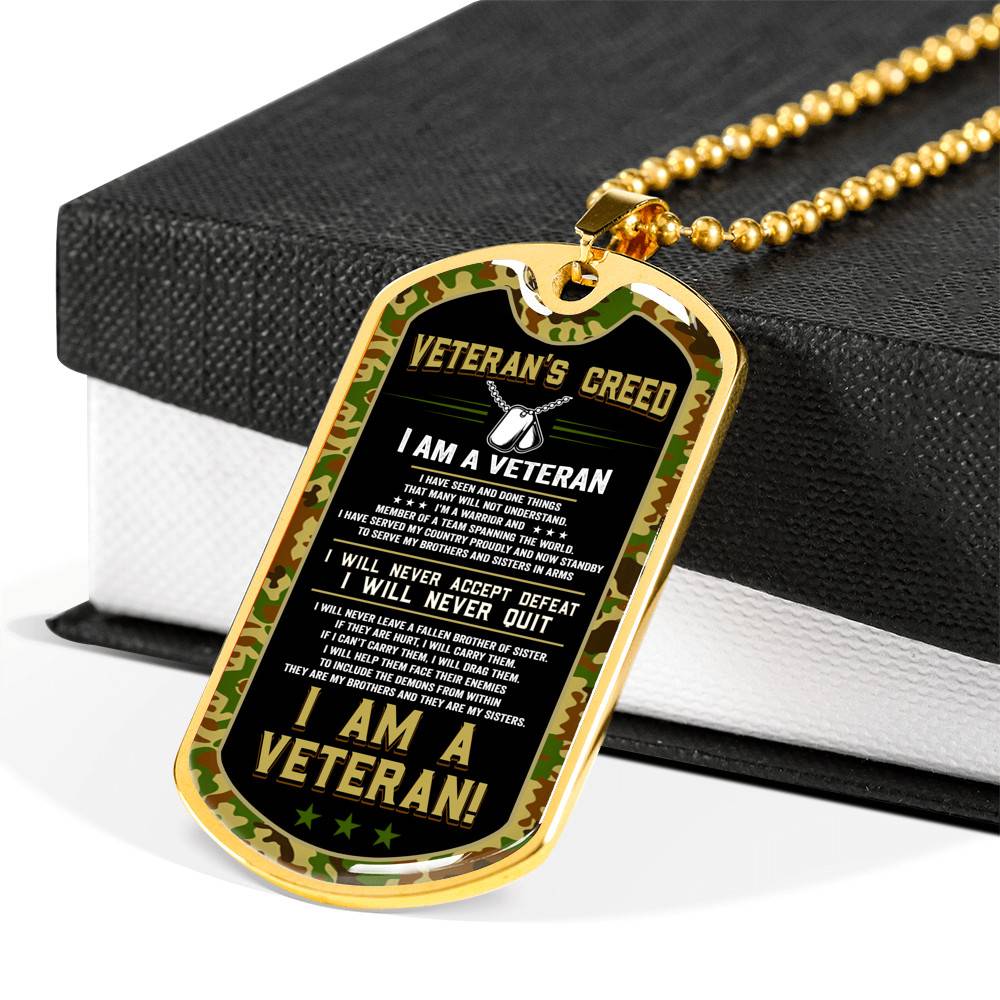 Veteran's Creed I'm A Veteran Camo Dog Tag Pendant Necklace - Veteran Necklace Gift - Dog Tag (Gold Plated) Veteran's Creed I'm A Veteran Camo Dog Tag Pendant Necklace - Veteran Necklace Gift - Dog Tag (Gold Plated)