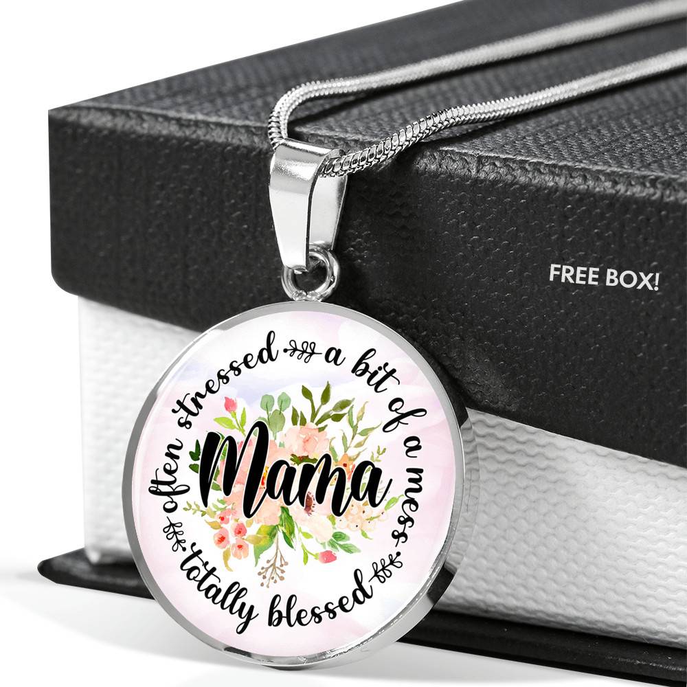 Often Stress A Bit Of Mess But Totally Blessed Mama Circle Pendant Necklace - Circle Luxury Necklace (Silver) Often Stress A Bit Of Mess But Totally Blessed Mama Circle Pendant Necklace - Circle Luxury Necklace (Silver)
